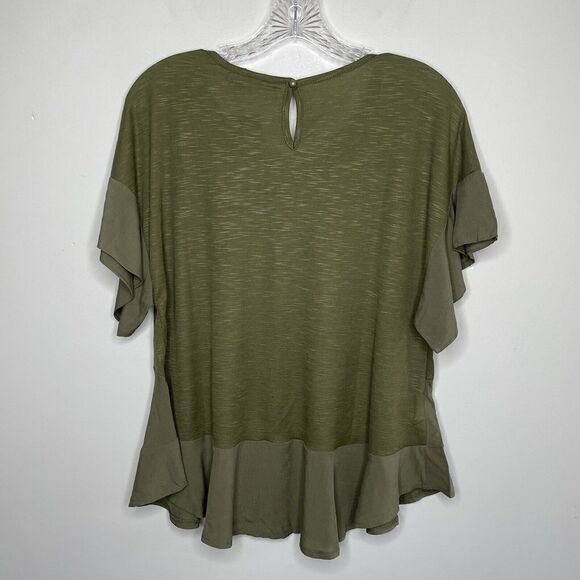 SMF Womens Olive Green Flutter Sleeve Top NEW "FOREVER YOUNG" Peplum Hem Sz S - Picture 4 of 8